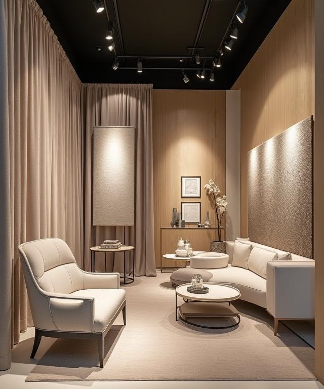 A beautifully lit corner of the Textilia Creations showroom in Toronto, displaying textured fabrics.