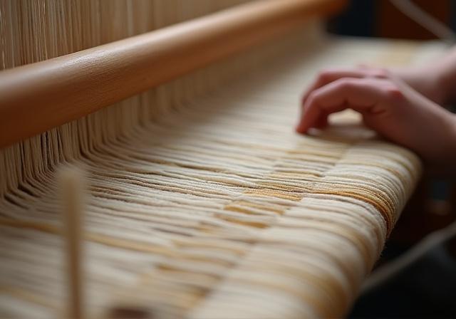 Detail shot of threads on a traditional weaving loom.